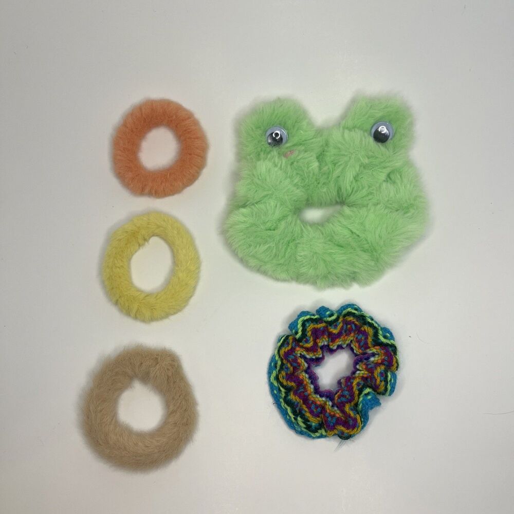 Fabric Scrunchie Set of 5 Girls - FUZZY 3 SOLID COLOR / GREEN FROG / MULTI-COLOR